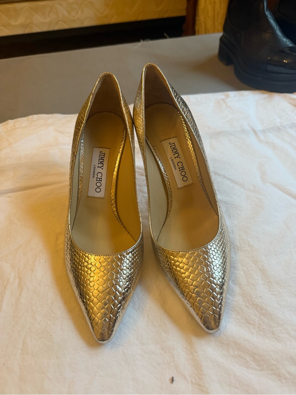 Jimmy Choo Metallic Gold Textured Pointed Pumps